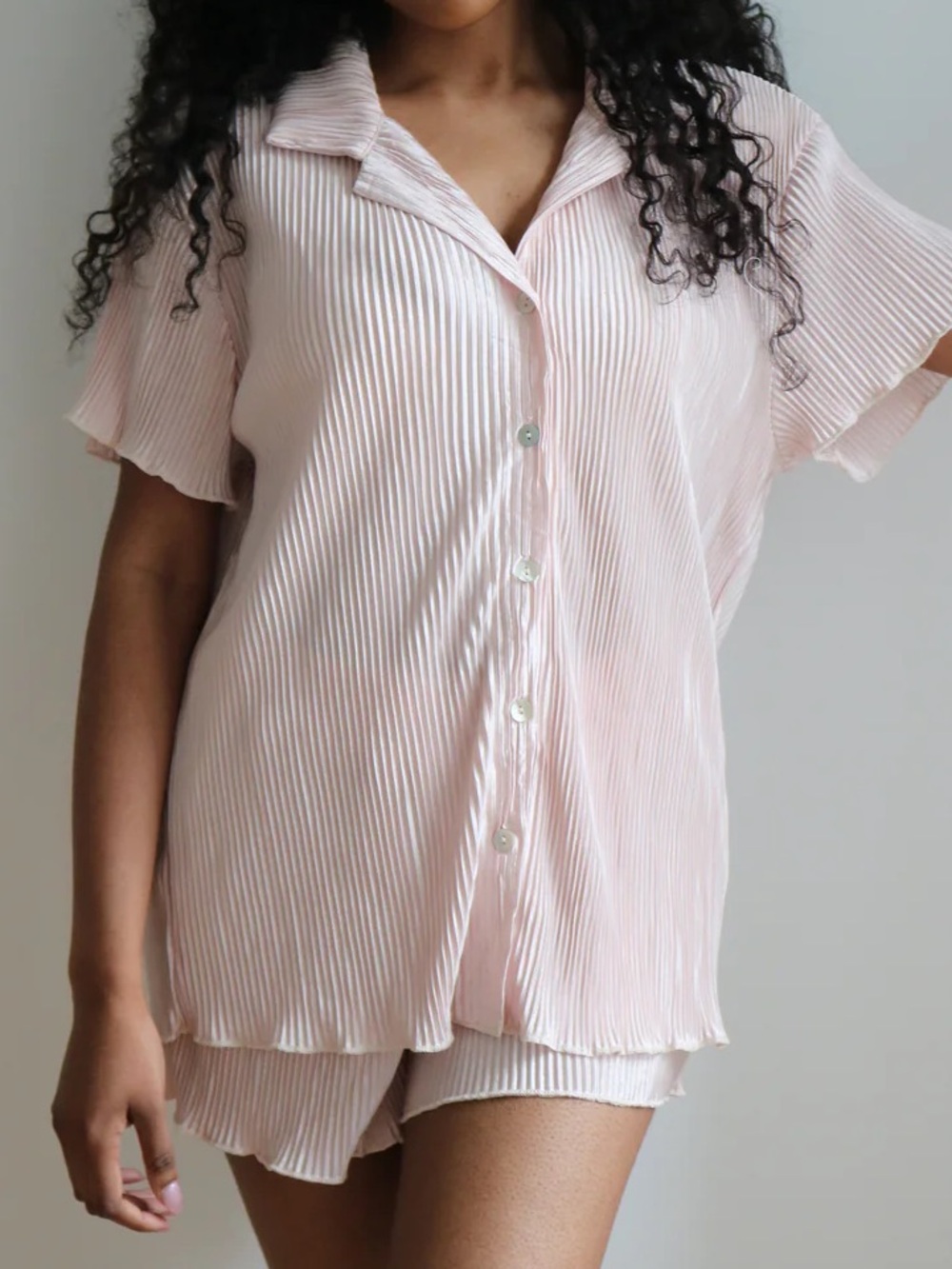 Waverles Pleated Short Pajama Set - Pink S